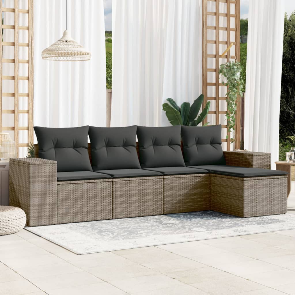 5 Pcs conjunto sofás de jardim c/ almofadões vime PE cinzento