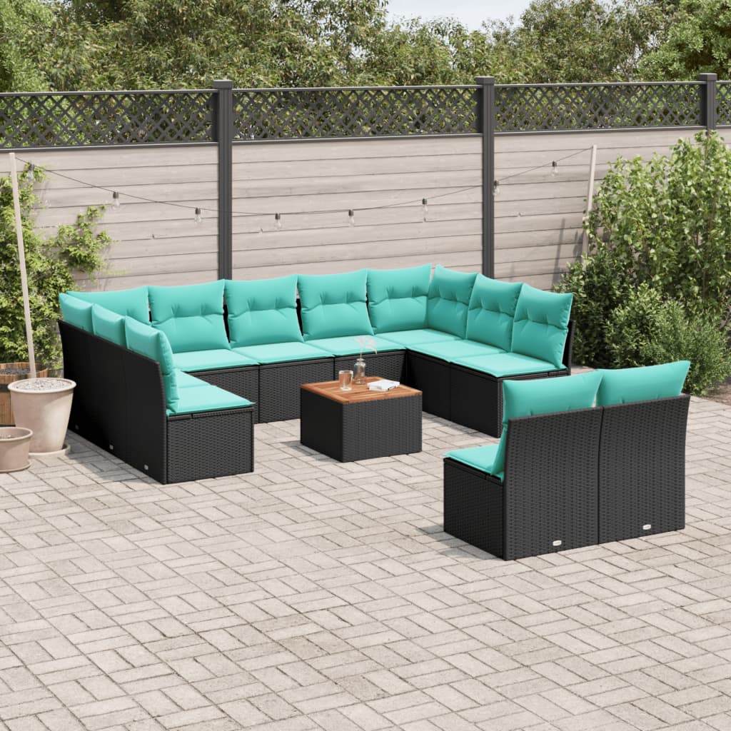 12 Pcs conjunto de sofás de jardim com almofadões vime PE preto