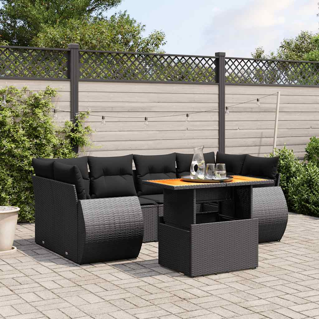 7 Pcs conjunto de sofás p/ jardim c/ almofadões vime PE preto