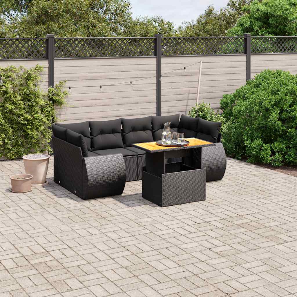 7 Pcs conjunto de sofás p/ jardim c/ almofadões vime PE preto
