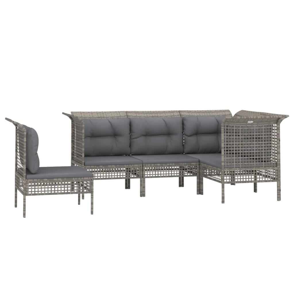 5 Pcs conjunto lounge de jardim c/ almofadões vime PE cinzento
