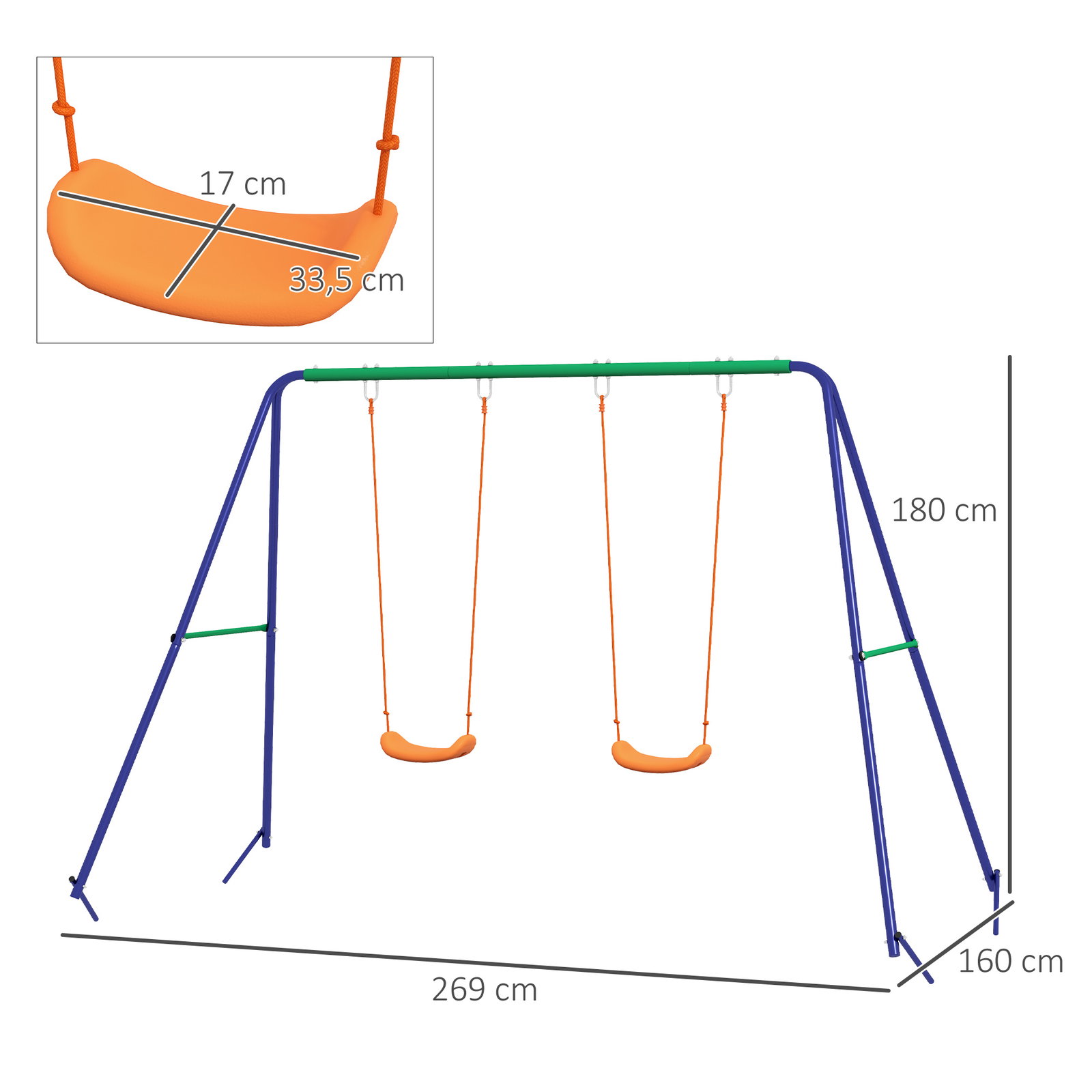 Conjunto de baloiço para crianças com 2 assentos resistente aos raios UV e suporte de metal 269x160x180 cm multicor