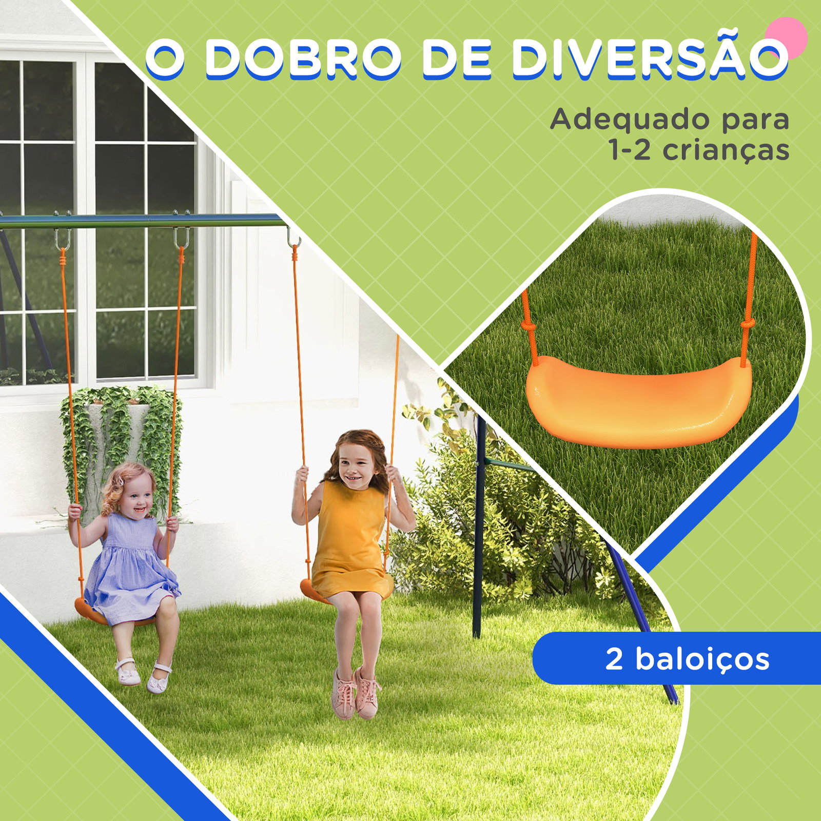 Conjunto de baloiço para crianças com 2 assentos resistente aos raios UV e suporte de metal 269x160x180 cm multicor
