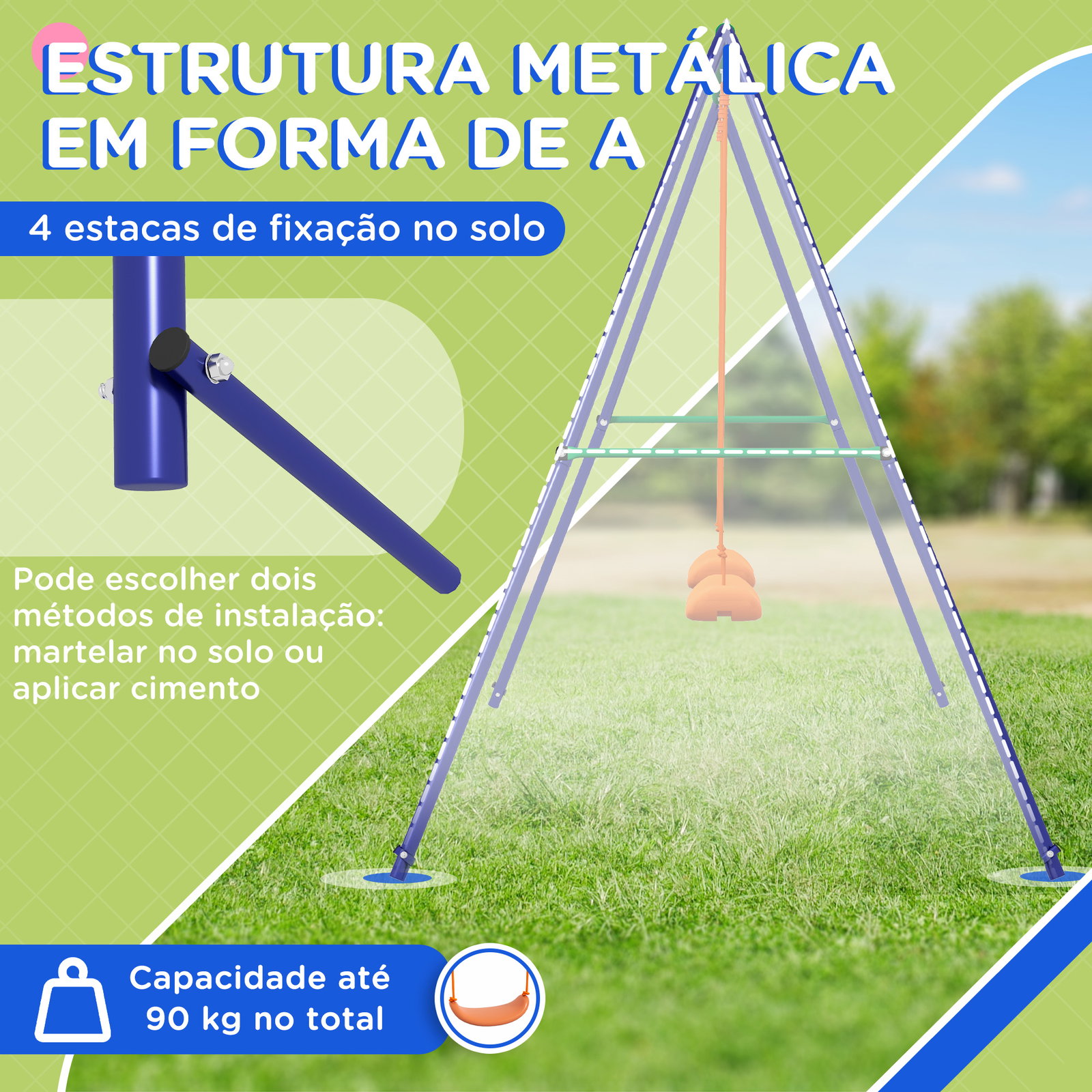 Conjunto de baloiço para crianças com 2 assentos resistente aos raios UV e suporte de metal 269x160x180 cm multicor