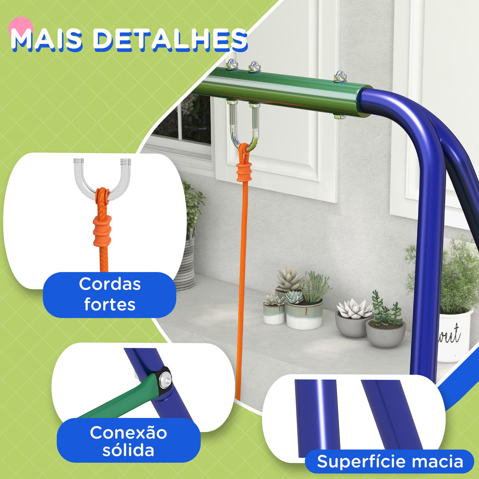 Conjunto de baloiço para crianças com 2 assentos resistente aos raios UV e suporte de metal 269x160x180 cm multicor