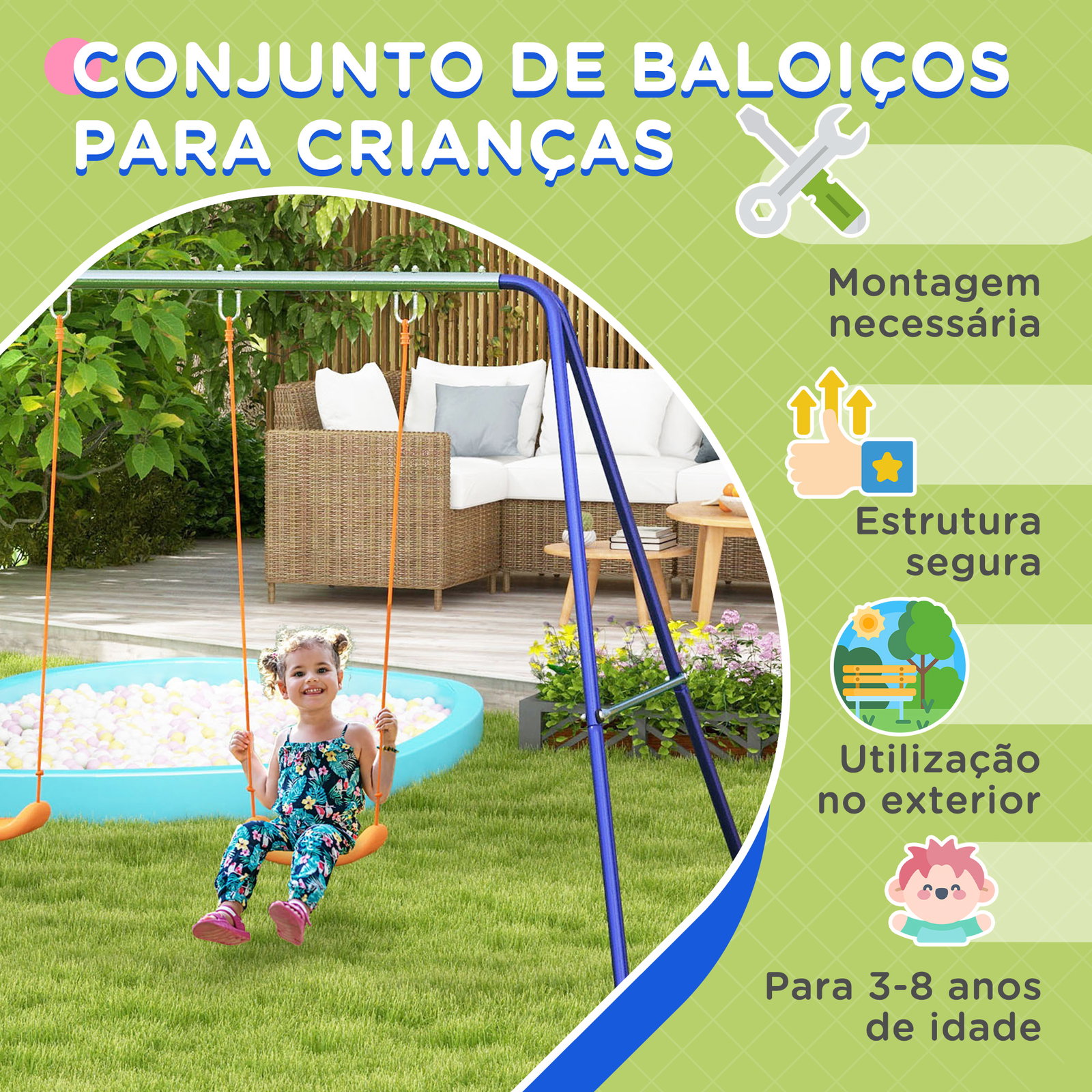 Conjunto de baloiço para crianças com 2 assentos resistente aos raios UV e suporte de metal 269x160x180 cm multicor