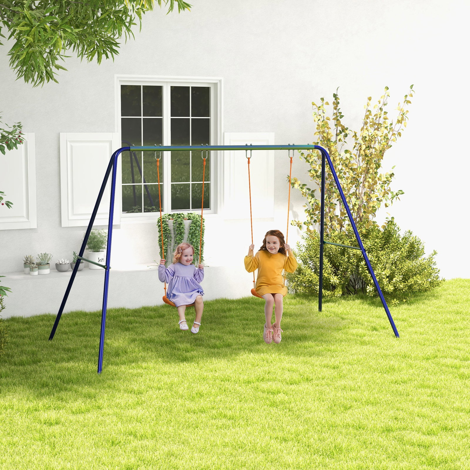 Conjunto de baloiço para crianças com 2 assentos resistente aos raios UV e suporte de metal 269x160x180 cm multicor