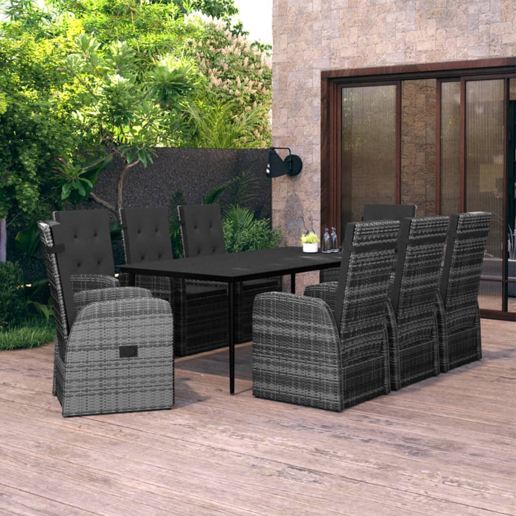 9 Pcs conjunto de jantar para jardim com almofadões cinza