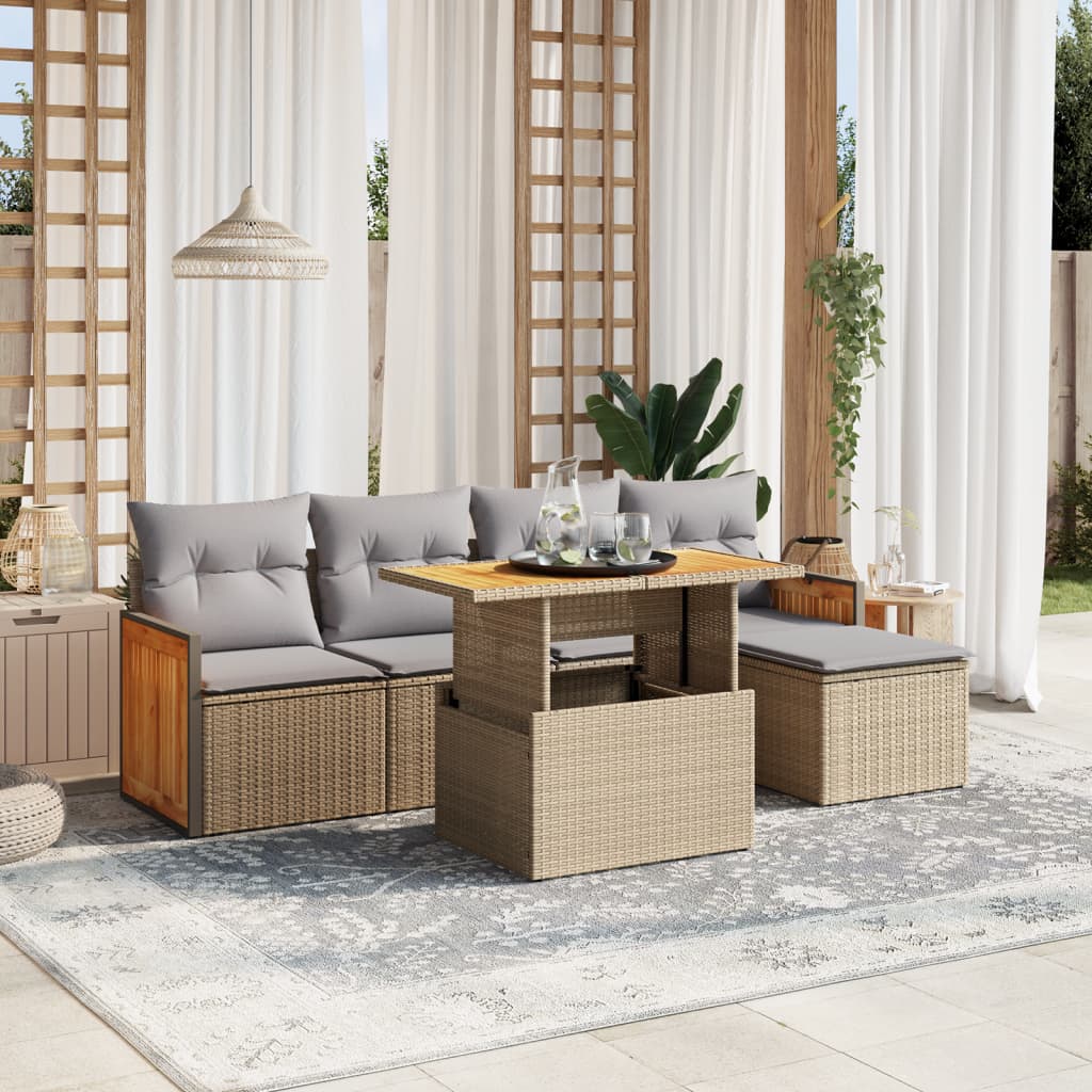 6 Pcs conjunto de sofás p/ jardim com almofadões vime PE bege