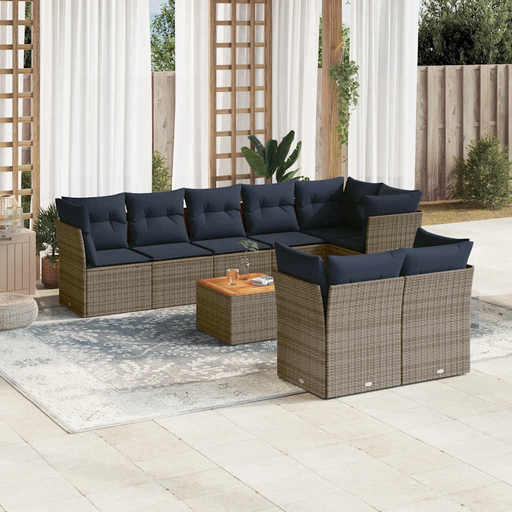9 Pcs conjunto sofás p/ jardim c/ almofadões vime PE cinzento
