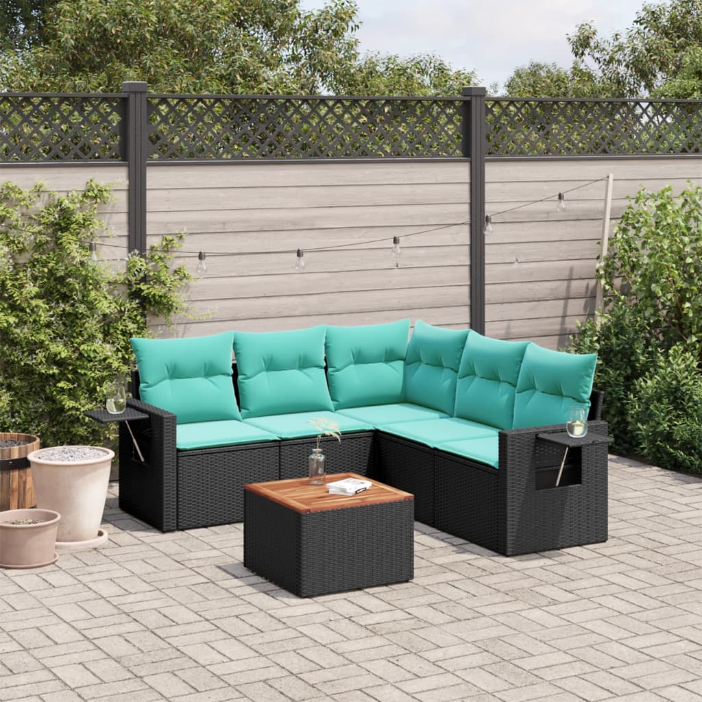 Conjunto de sofá de jardim com 6 peças e almofadas em rattan sintético preto