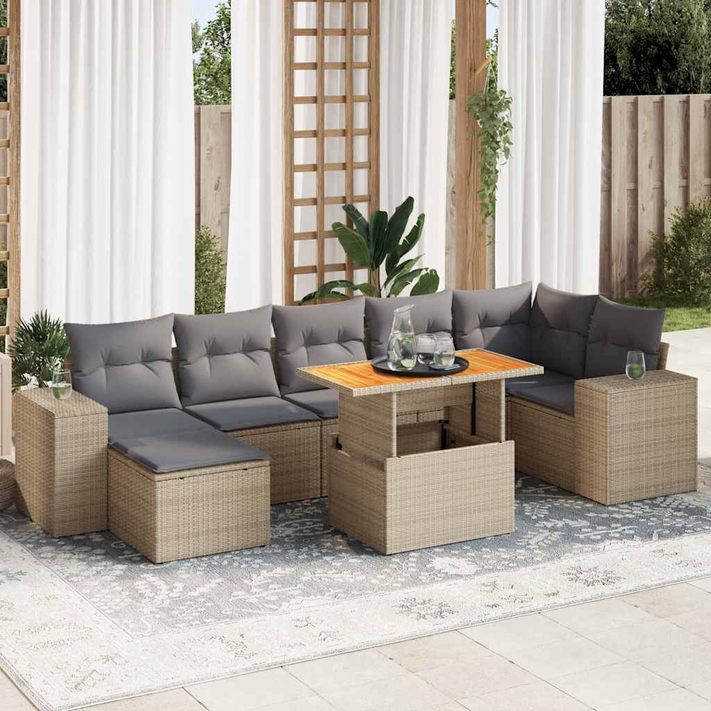 8 Pcs conjunto de sofás p/ jardim com almofadões vime PE bege
