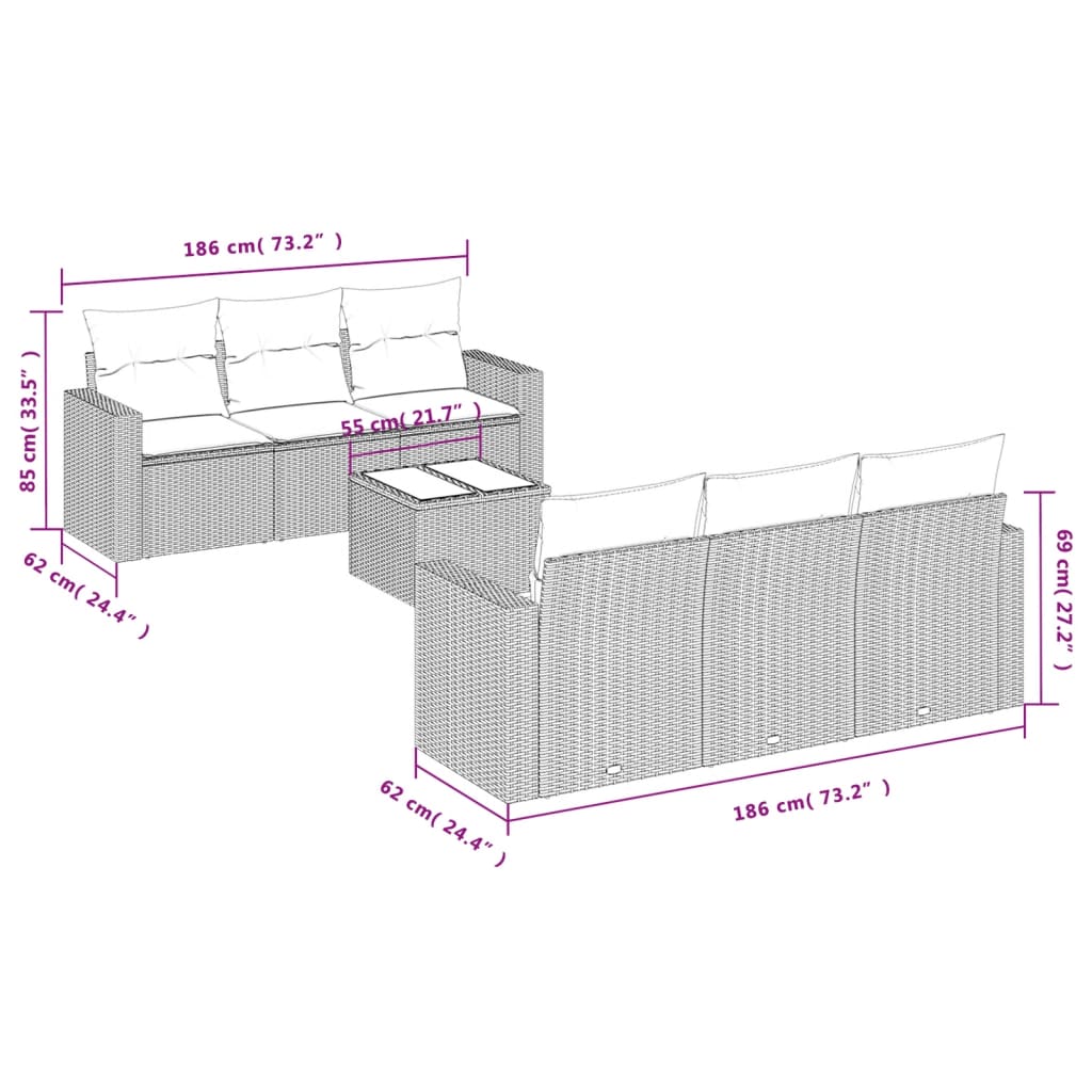 7 Pcs conjunto de sofás p/ jardim com almofadões vime PE bege