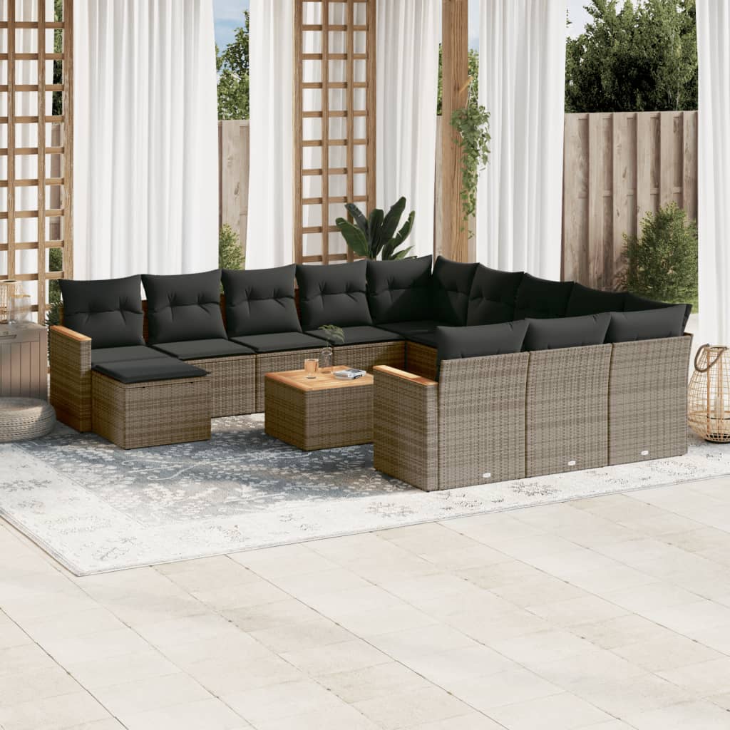13 Pcs conjunto sofás p/ jardim c/ almofadões vime PE cinzento