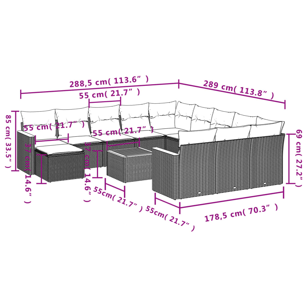 13 Pcs conjunto sofás p/ jardim c/ almofadões vime PE cinzento
