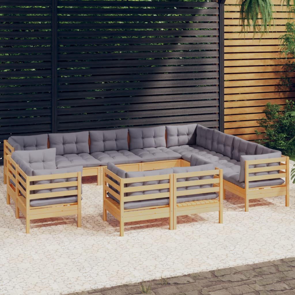 12Pcs conjunto lounge de jardim + almofadões cinza pinho maciço