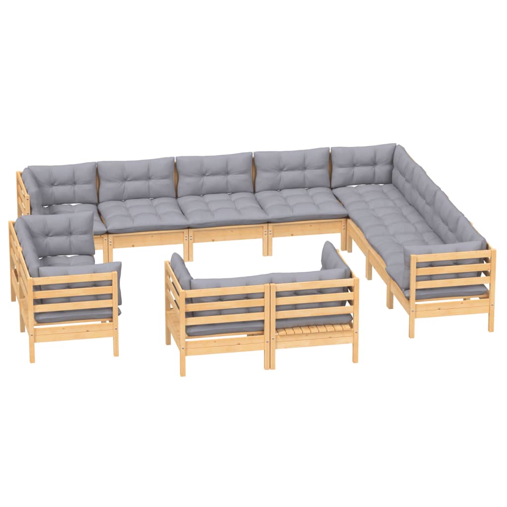 12Pcs conjunto lounge de jardim + almofadões cinza pinho maciço