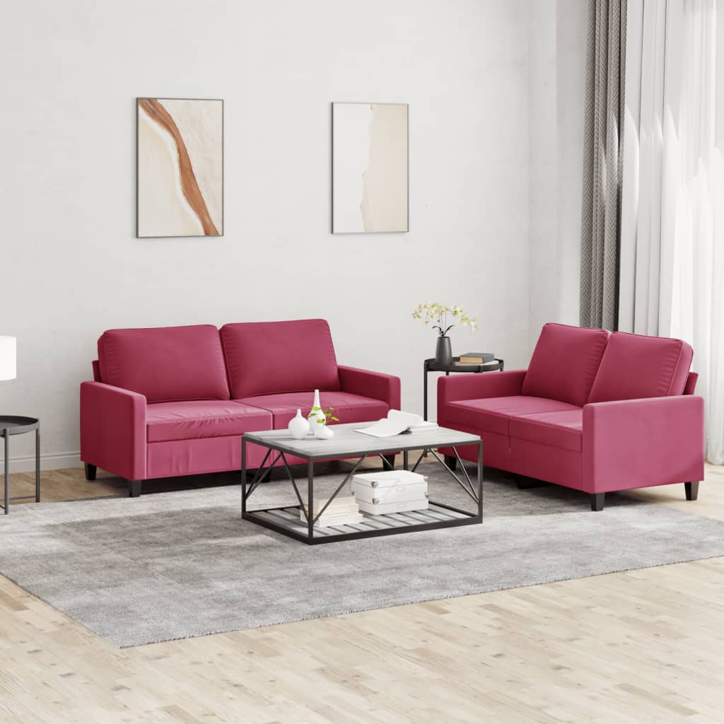 2 Pcs conjunto de sofás com almofadões veludo vermelho tinto