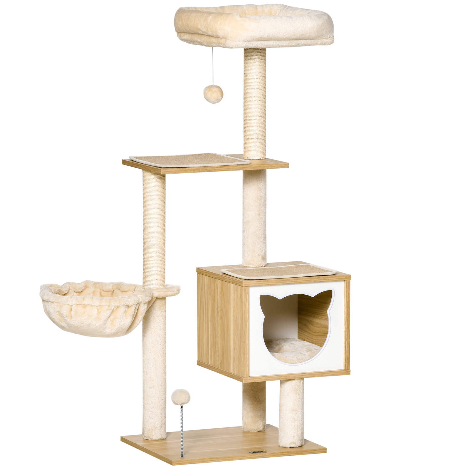 Arranhador para Gatos com Plataforma Rede Caverna Cama Postes de Sisal e Bolas de Brincar 48x40x126 cm Bege