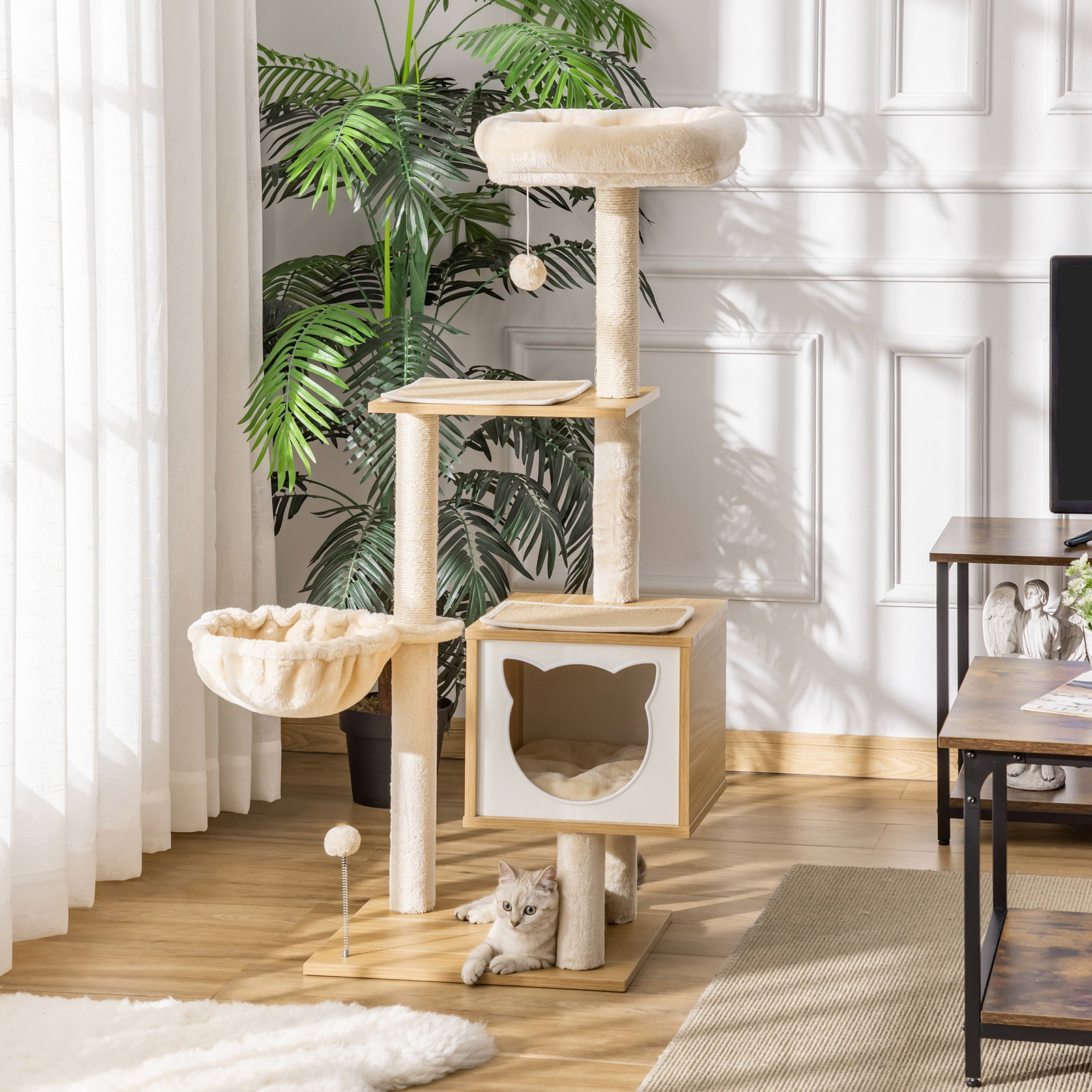 Arranhador para Gatos com Plataforma Rede Caverna Cama Postes de Sisal e Bolas de Brincar 48x40x126 cm Bege