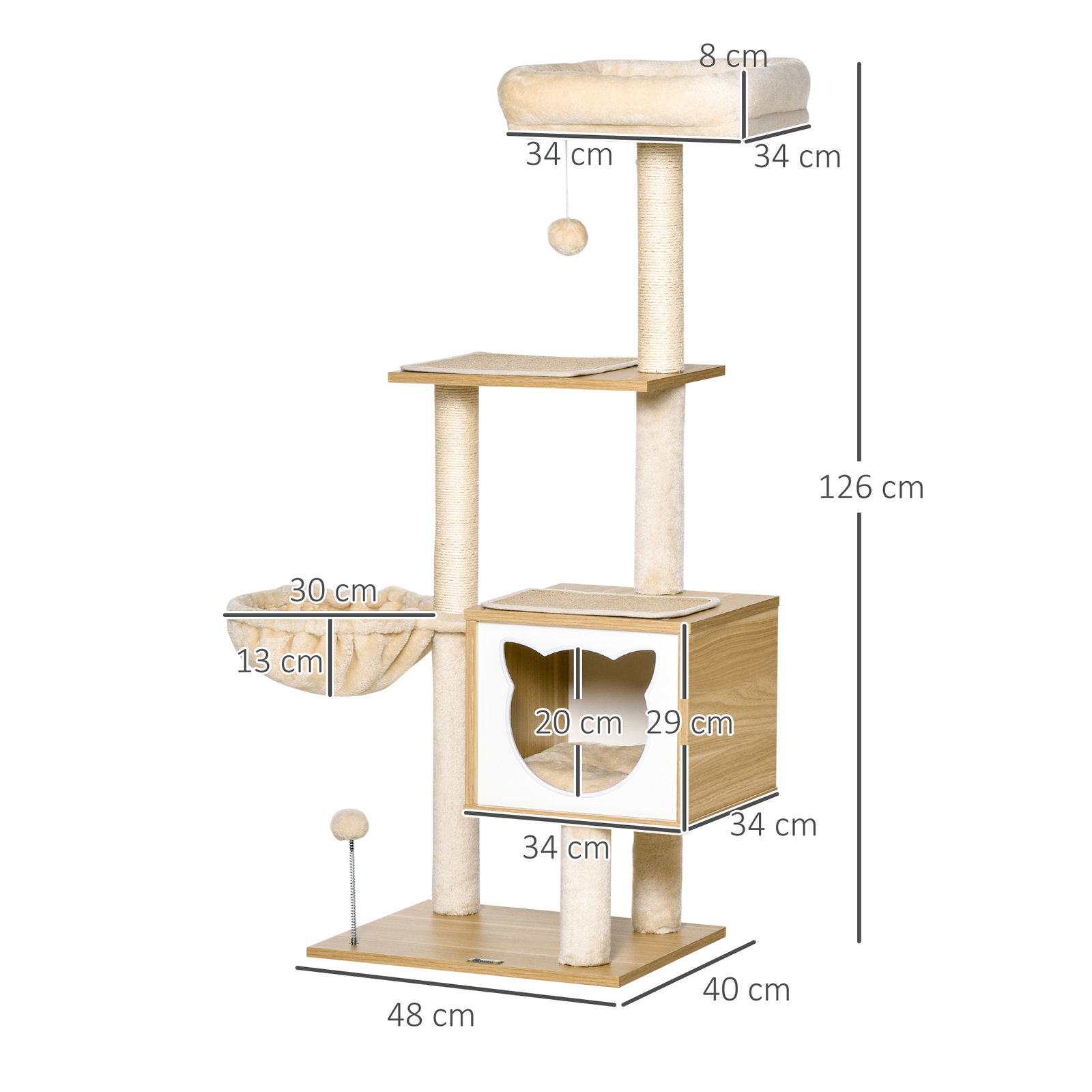 Arranhador para Gatos com Plataforma Rede Caverna Cama Postes de Sisal e Bolas de Brincar 48x40x126 cm Bege