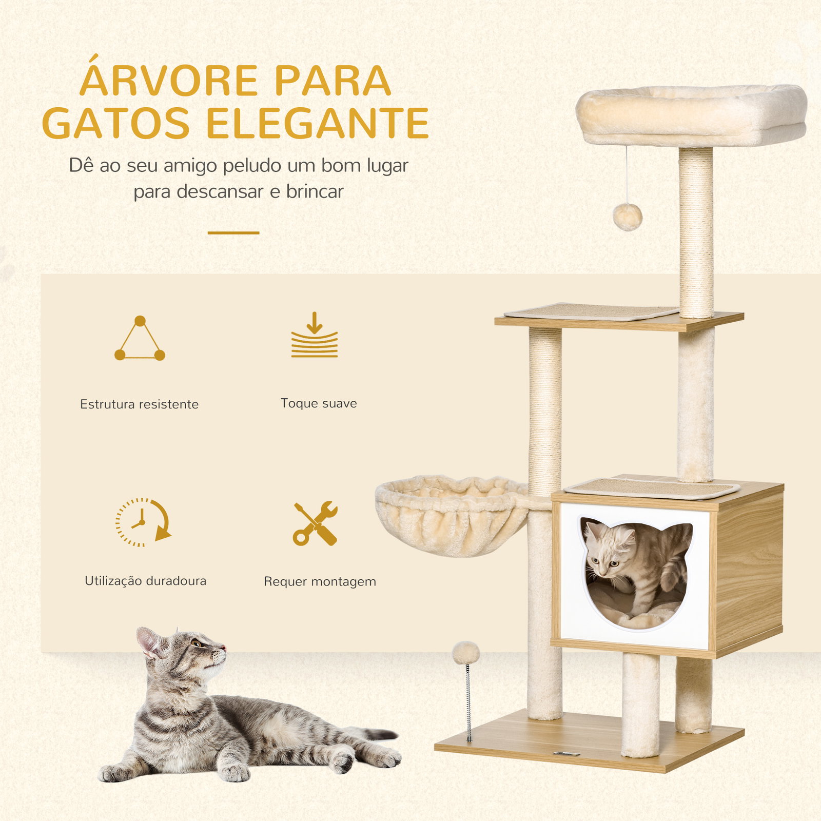 Arranhador para Gatos com Plataforma Rede Caverna Cama Postes de Sisal e Bolas de Brincar 48x40x126 cm Bege