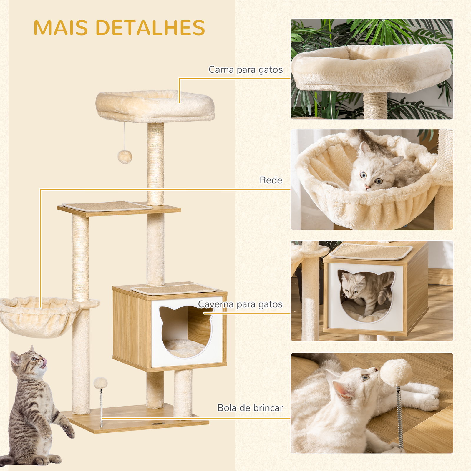 Arranhador para Gatos com Plataforma Rede Caverna Cama Postes de Sisal e Bolas de Brincar 48x40x126 cm Bege