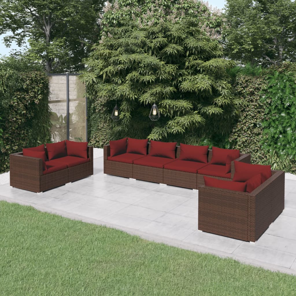 8 Pcs conjunto lounge de jardim c/ almofadões vime PE castanho