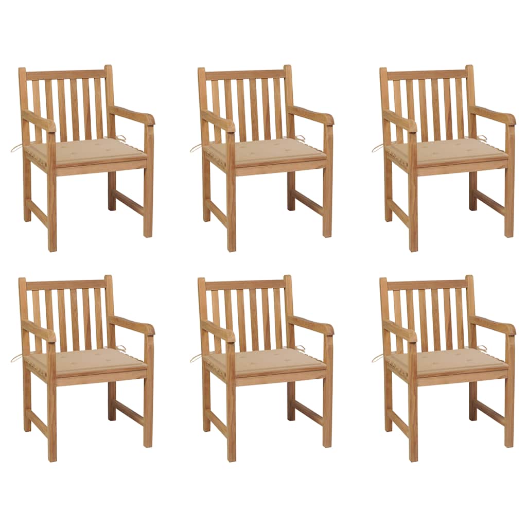 Cadeiras de jardim c/ almofadões beges 6 pcs teca maciça