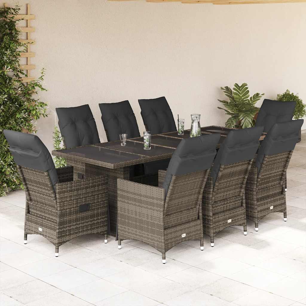 9 Pcs conjunto bistrô de jardim c/ almofadões vime PE cinzento