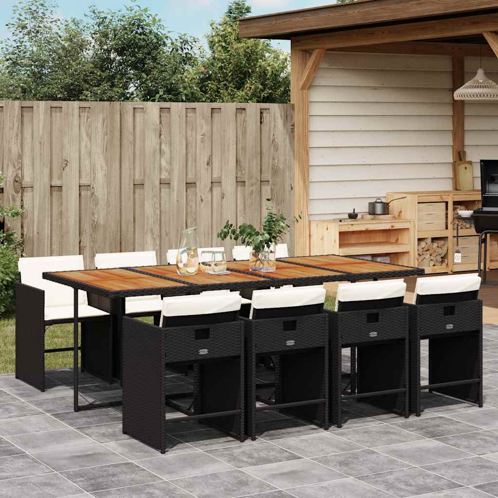 9 Pcs conjunto de jantar p/ jardim c/ almofadões vime PE preto
