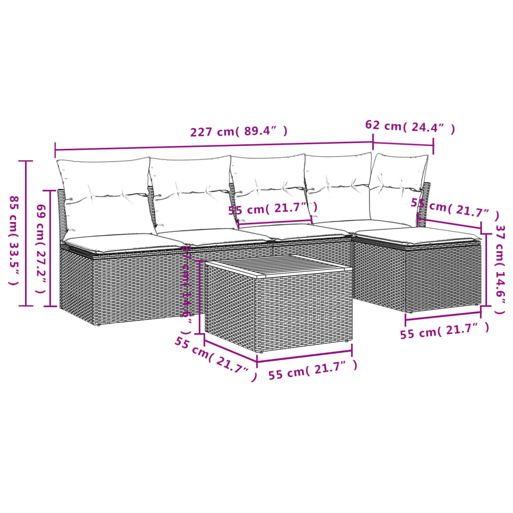 6 Pcs conjunto de sofás p/ jardim com almofadões vime PE bege