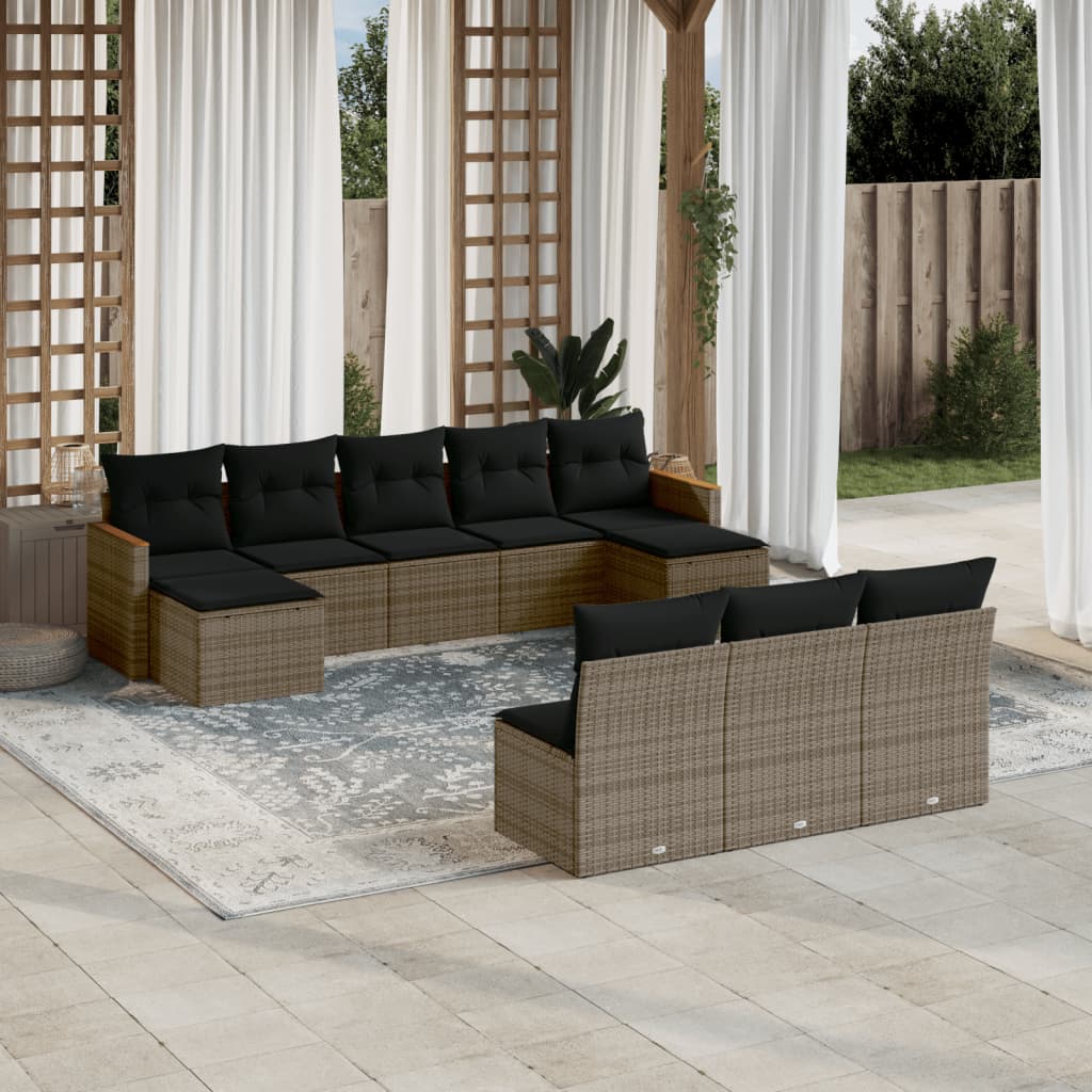 10 Pcs conjunto sofás de jardim c/ almofadões vime PE cinzento