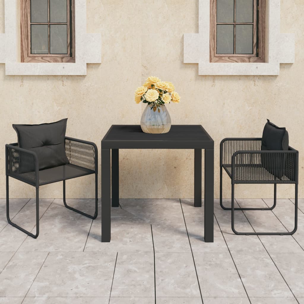 3 Pcs conjunto de jantar para jardim vime de PVC preto