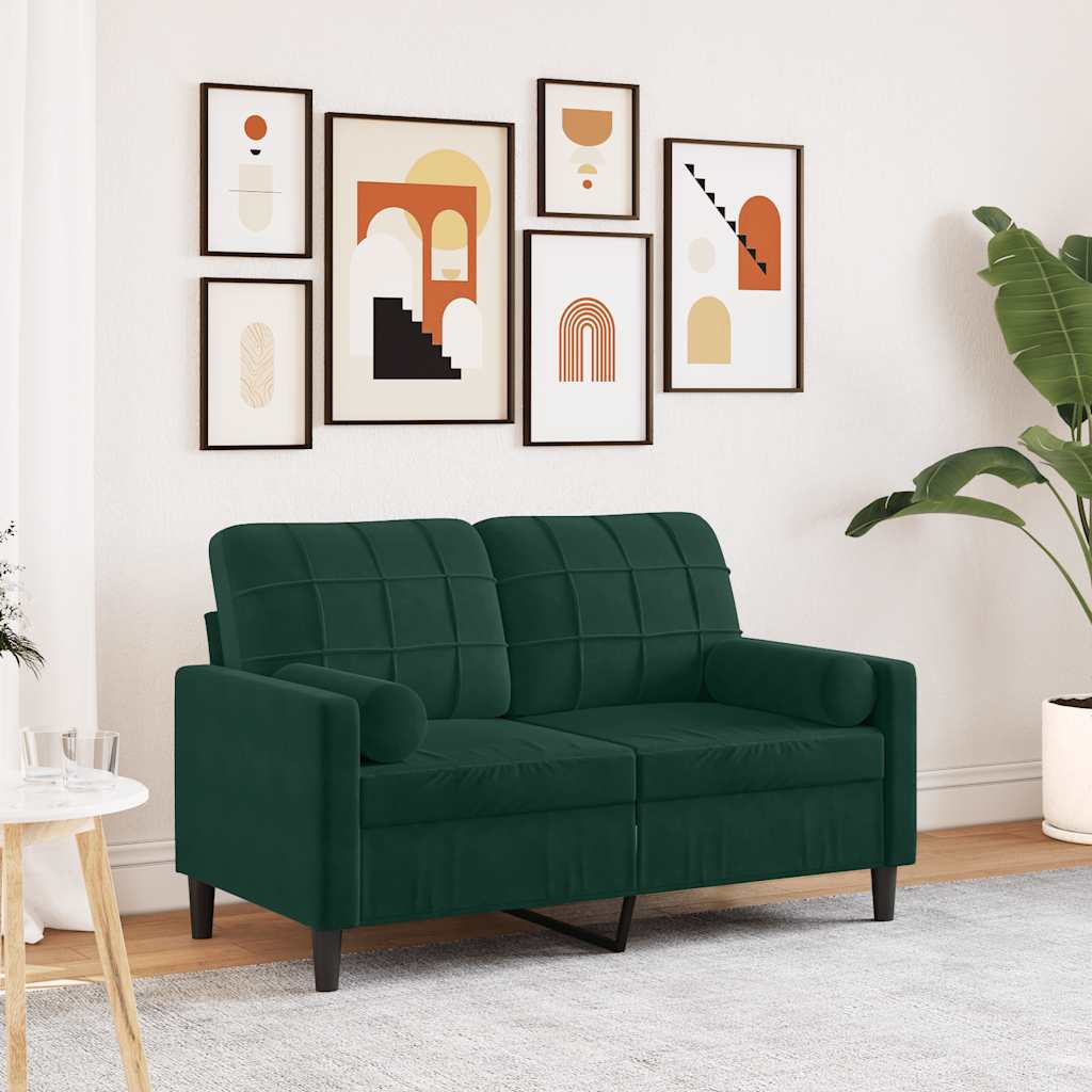 Sofá 2 lug. c/ almofadas decorativas 120 cm veludo verde-escuro