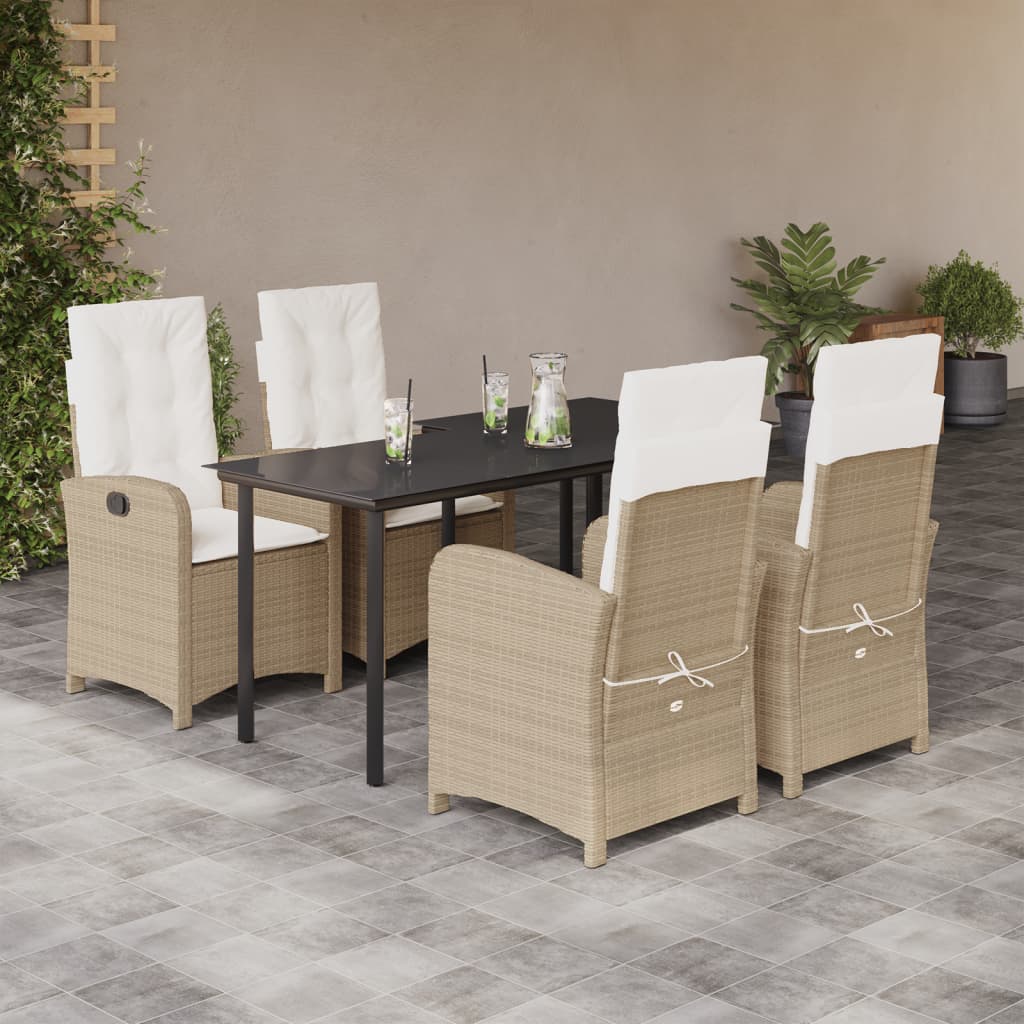 5 Pcs conjunto de jantar p/ jardim com almofadões vime PE bege
