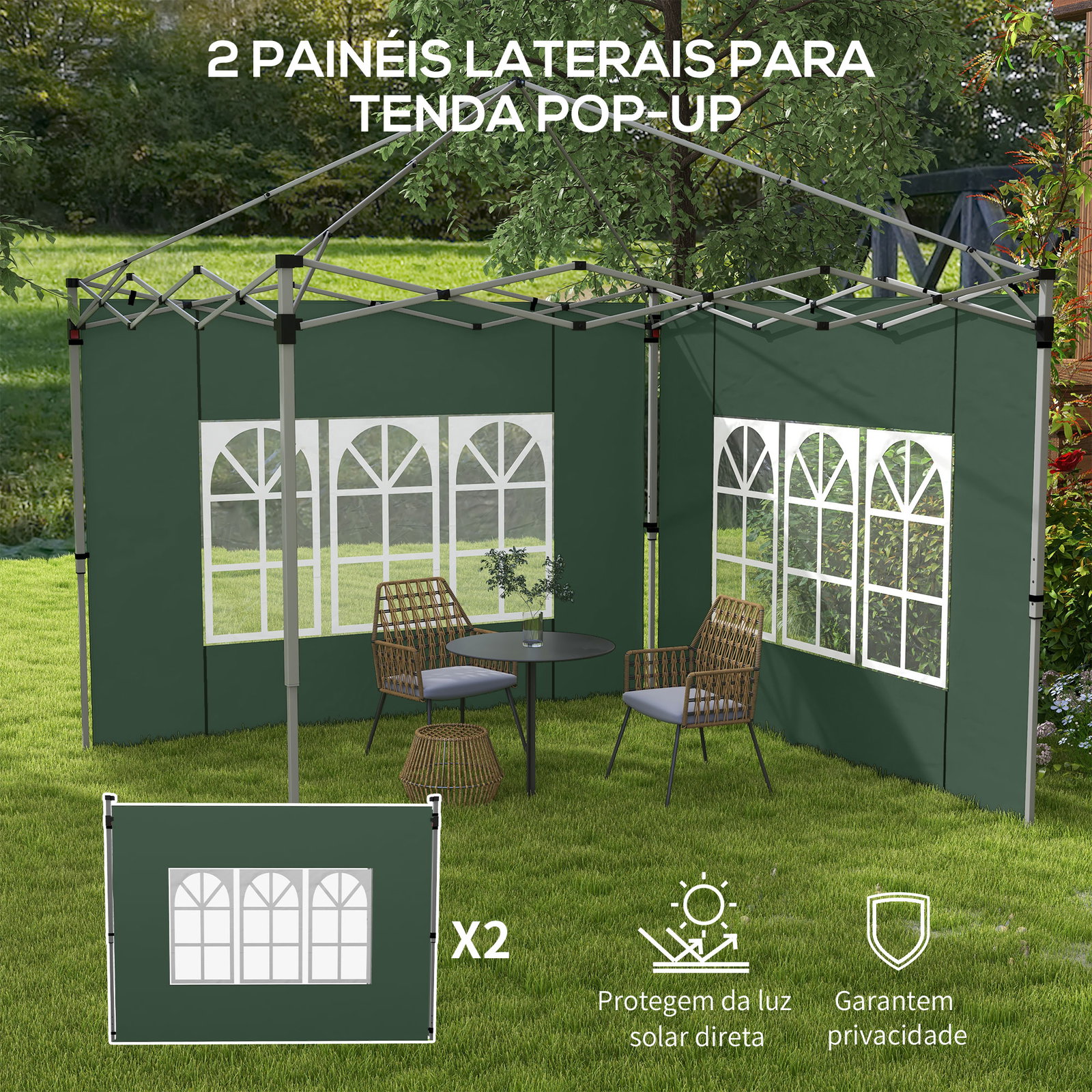2 Paredes laterais para tenda de 3x3 / 3x4 m 295x195 cm parede de substituição de tecido oxford para tendas dobráveis verde