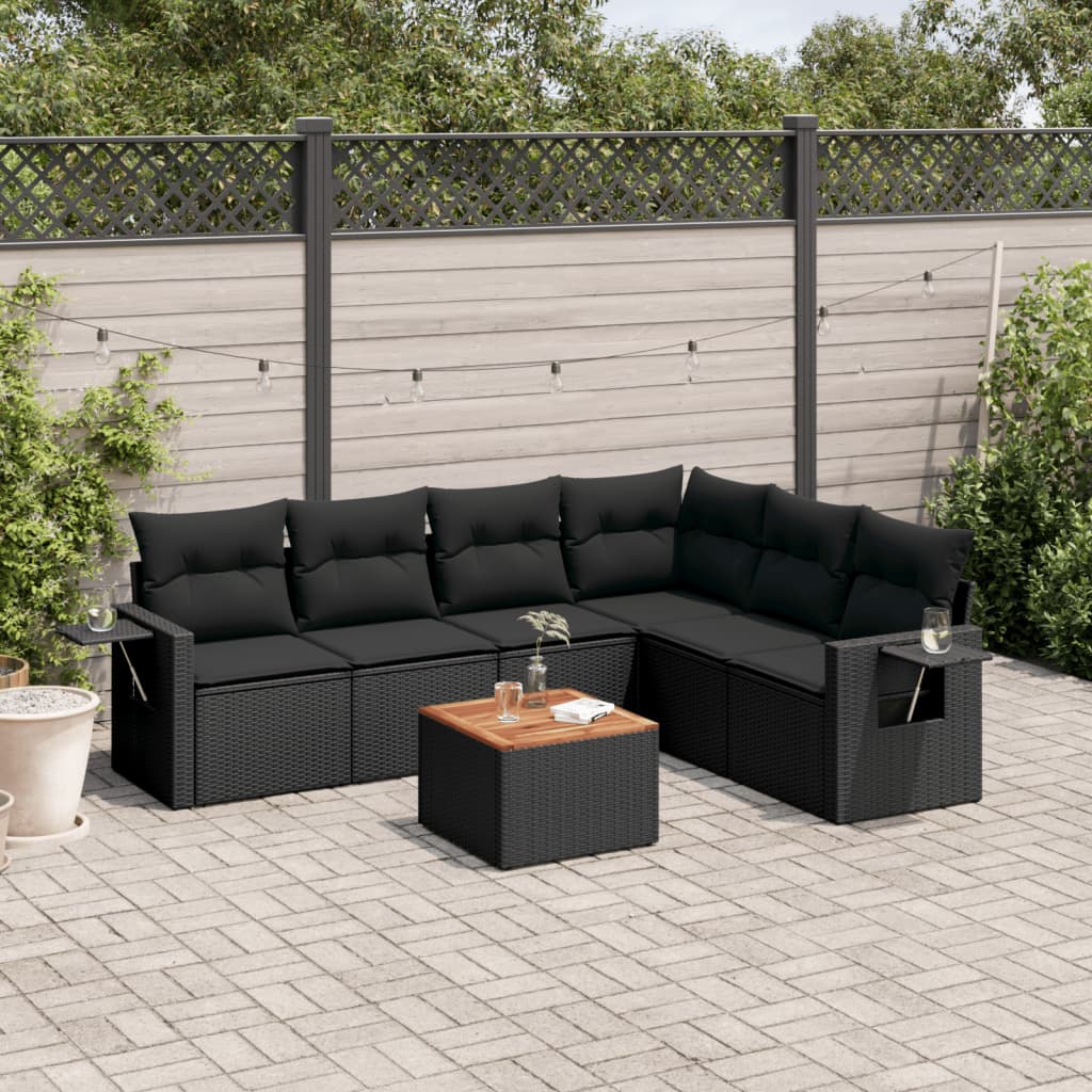 7 Pcs conjunto de sofás p/ jardim c/ almofadões vime PE preto