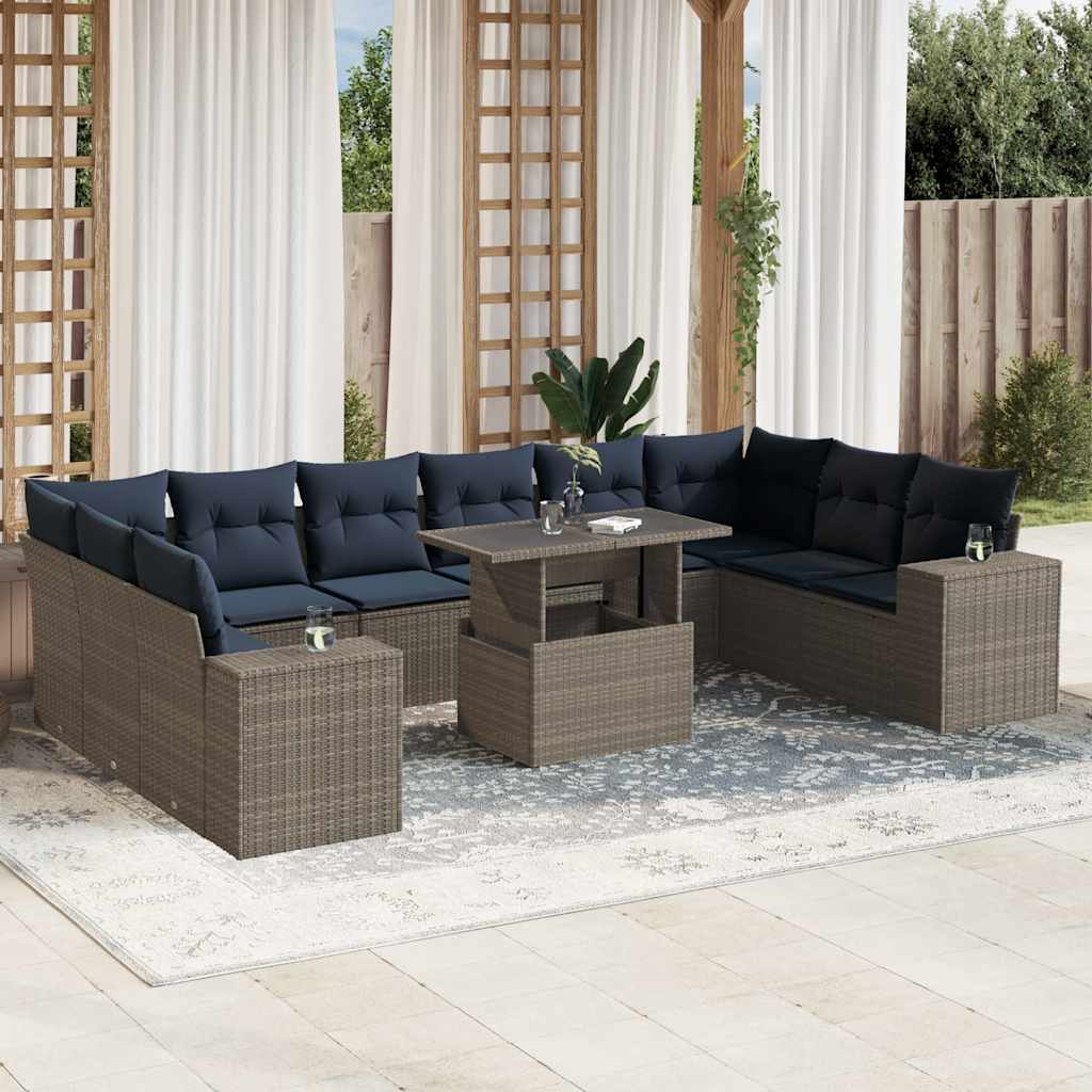 Conjunto de sofá de jardim com 11 peças e almofadas em rattan sintético cinza
