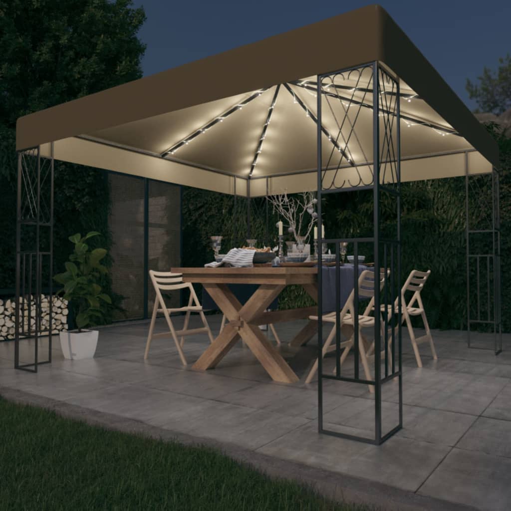 Gazebo com cordões de luzes LED 3x3 m tecido cinza-acastanhado
