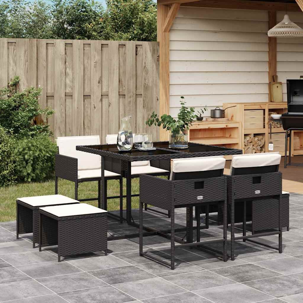 9 Pcs conjunto de jantar p/ jardim c/ almofadões vime PE preto