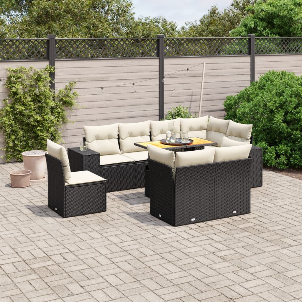 9 Pcs conjunto de sofás p/ jardim c/ almofadões vime PE preto