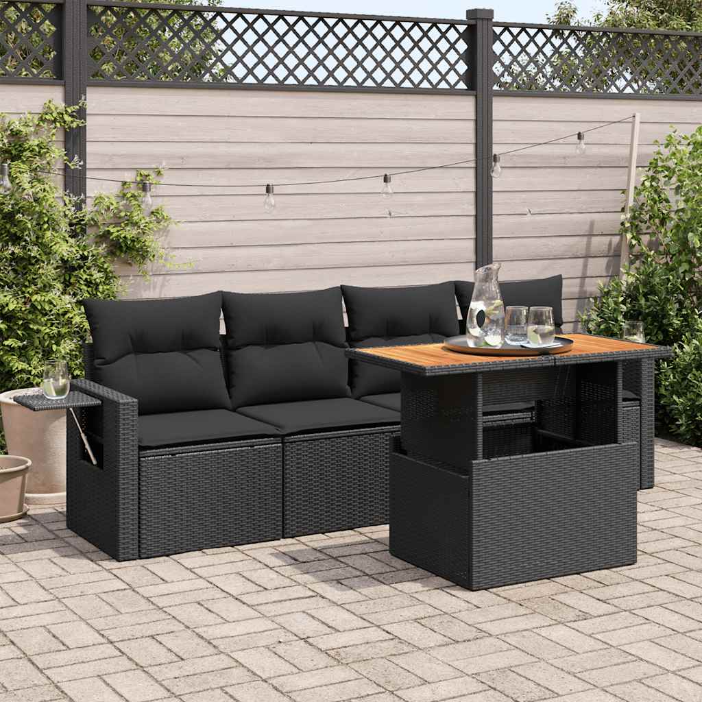5 Pcs conjunto sofás de jardim com almofadões vime PE preto