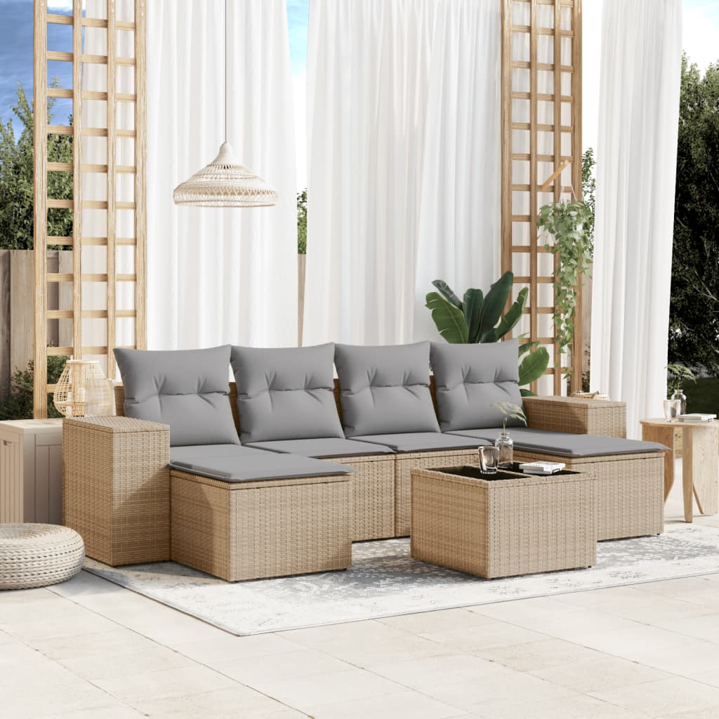 7 Pcs conjunto de sofás p/ jardim com almofadões vime PE bege