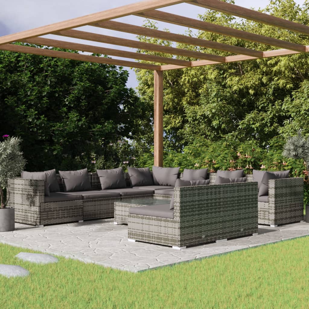 10 Pcs conjunto lounge de jardim c/ almofadões vime PE cinzento