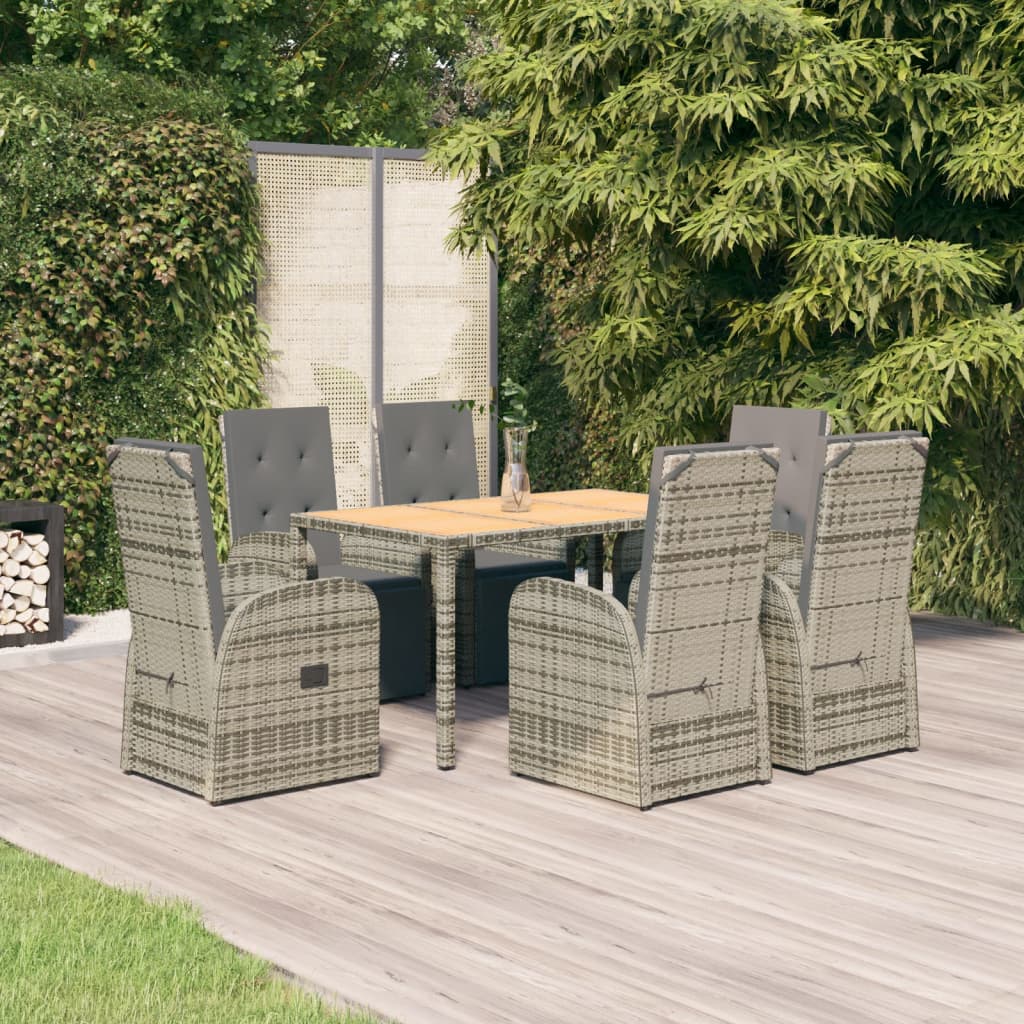 7 Pcs conjunto de jantar p/ jardim c/ almofadões vime PE cinza