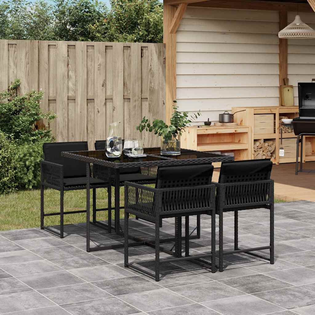 5 Pcs conjunto de jantar p/ jardim c/ almofadões vime PE preto