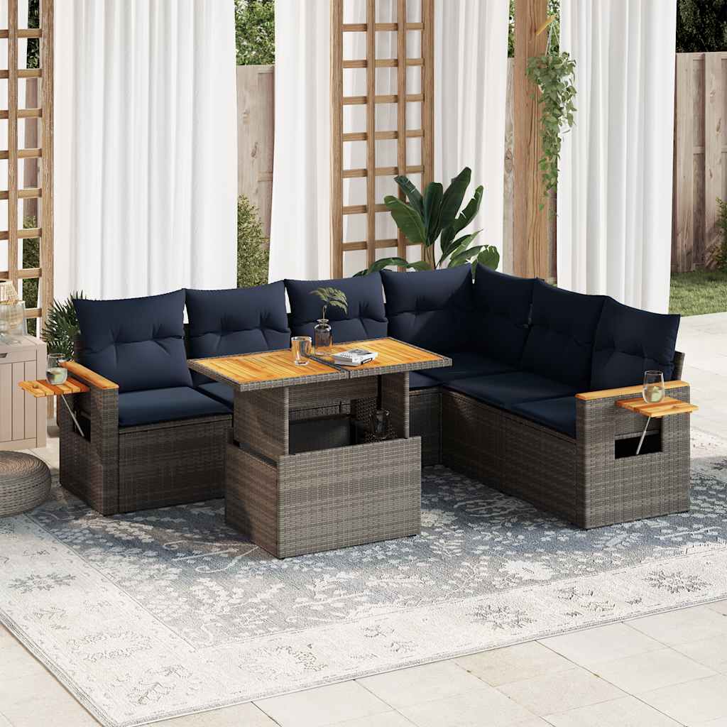 7 Pcs conjunto sofás jardim almofadões vime PE/acácia cinzento