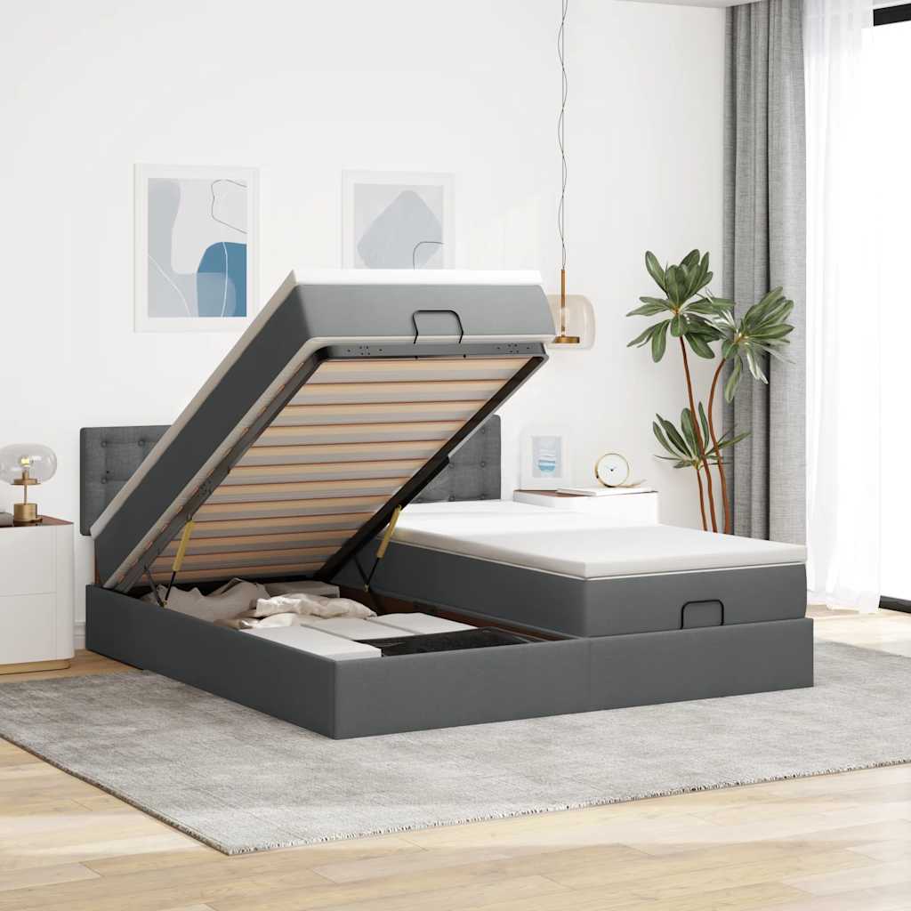 Estrutura de cama otomana com colchões tecido cinzento escuro