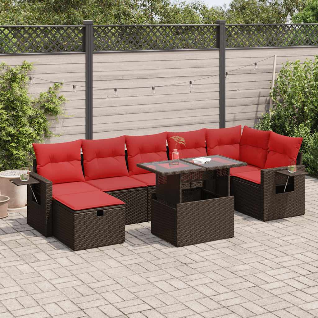 8 Pcs conjunto sofás jardim com almofadões vime PE/acácia castanho